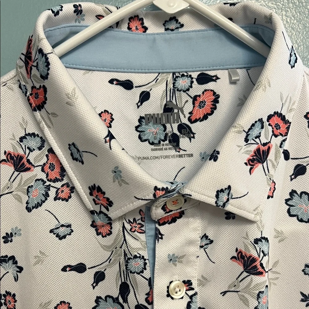 Puma Men's Floral 3 Button Golf Shirt - White/Pink/Blue and Red Sz L